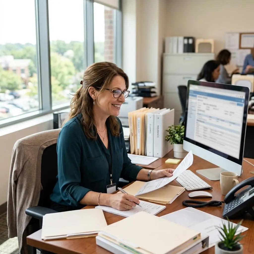 Billing specialist reviewing claims at a tidy back-office desk