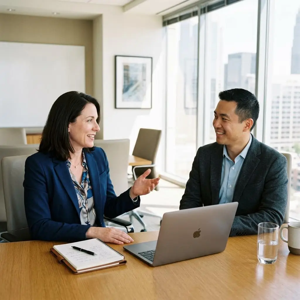 Practice owner and advisor talking through a plan at a meeting table