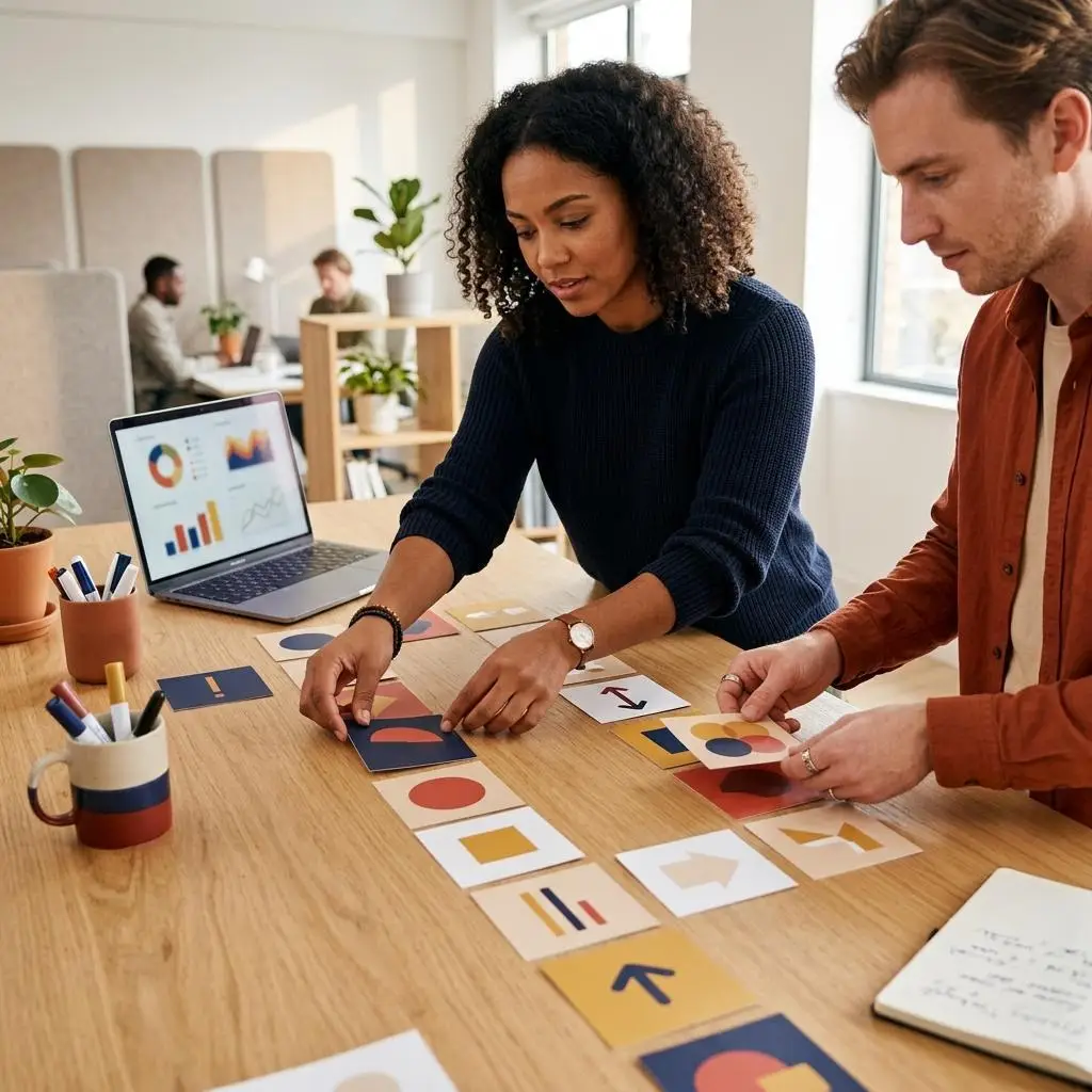 Marketing workspace with campaign planning materials and analytics on a laptop