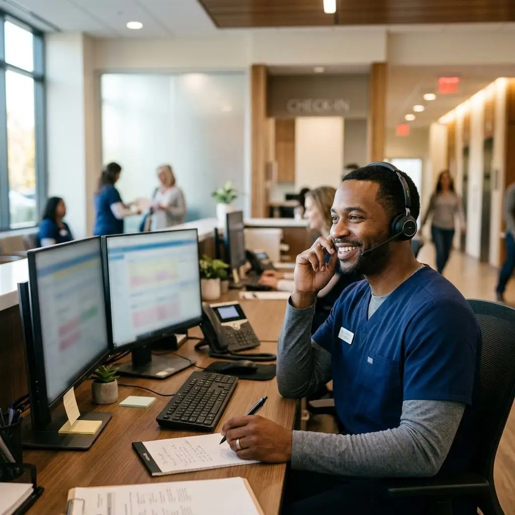 Patient access coordinator on a headset call at a clinic workstation